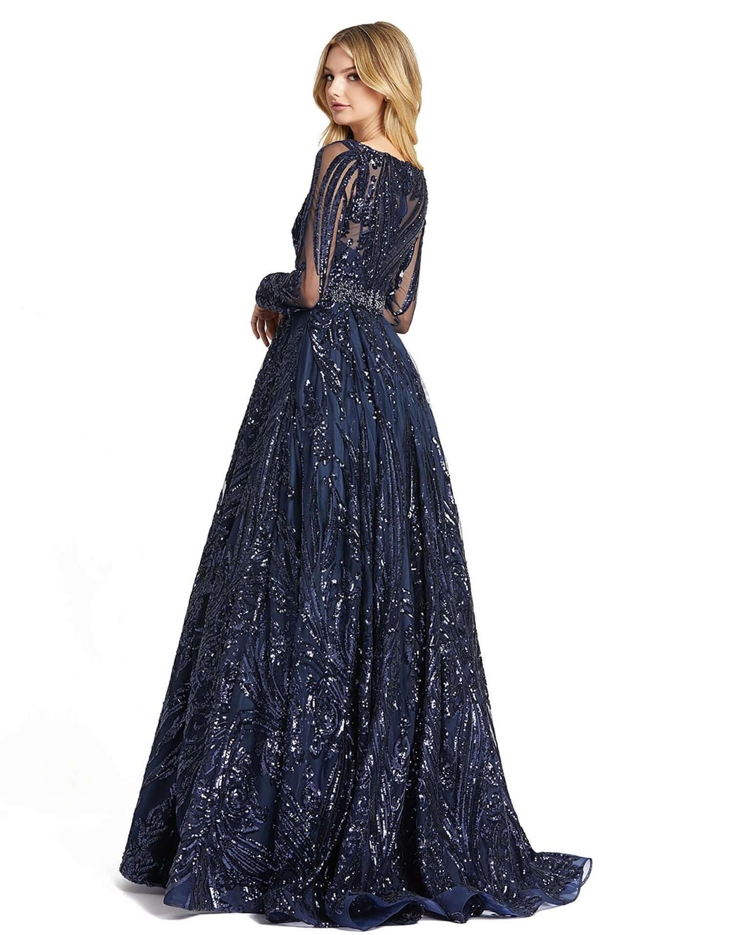 Mac Duggal Style#67113, Midnight Long Sleeve Embellished Evening Gown, A line,beaded,Floor Length,Lace,long sleeve,Sequin,Tulle,V-Neck, $875.00