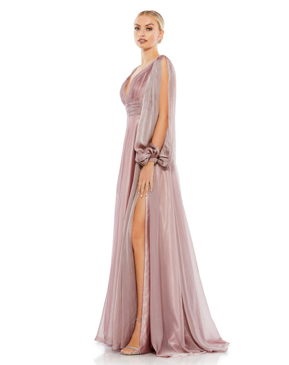 Romantic flowing chiffon maxi dress with whimsical bell sleeves and beaded cuffs. Mac Duggal Fully Lined Back Zipper 100% Polyester Long Sleeve Maxi & Floor Length V-Neck Style #67414