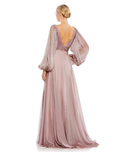 Romantic flowing chiffon maxi dress with whimsical bell sleeves and beaded cuffs. Mac Duggal Fully Lined Back Zipper 100% Polyester Long Sleeve Maxi & Floor Length V-Neck Style #67414