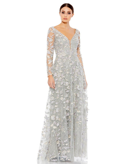 Floral applique embellished gown with heat-set rhinestones throughout and delicate illusion sleeves. Mac Duggal Fully Lined Back Zipper 100% Polyester Long Sleeve Maxi & Floor Length Style #67483