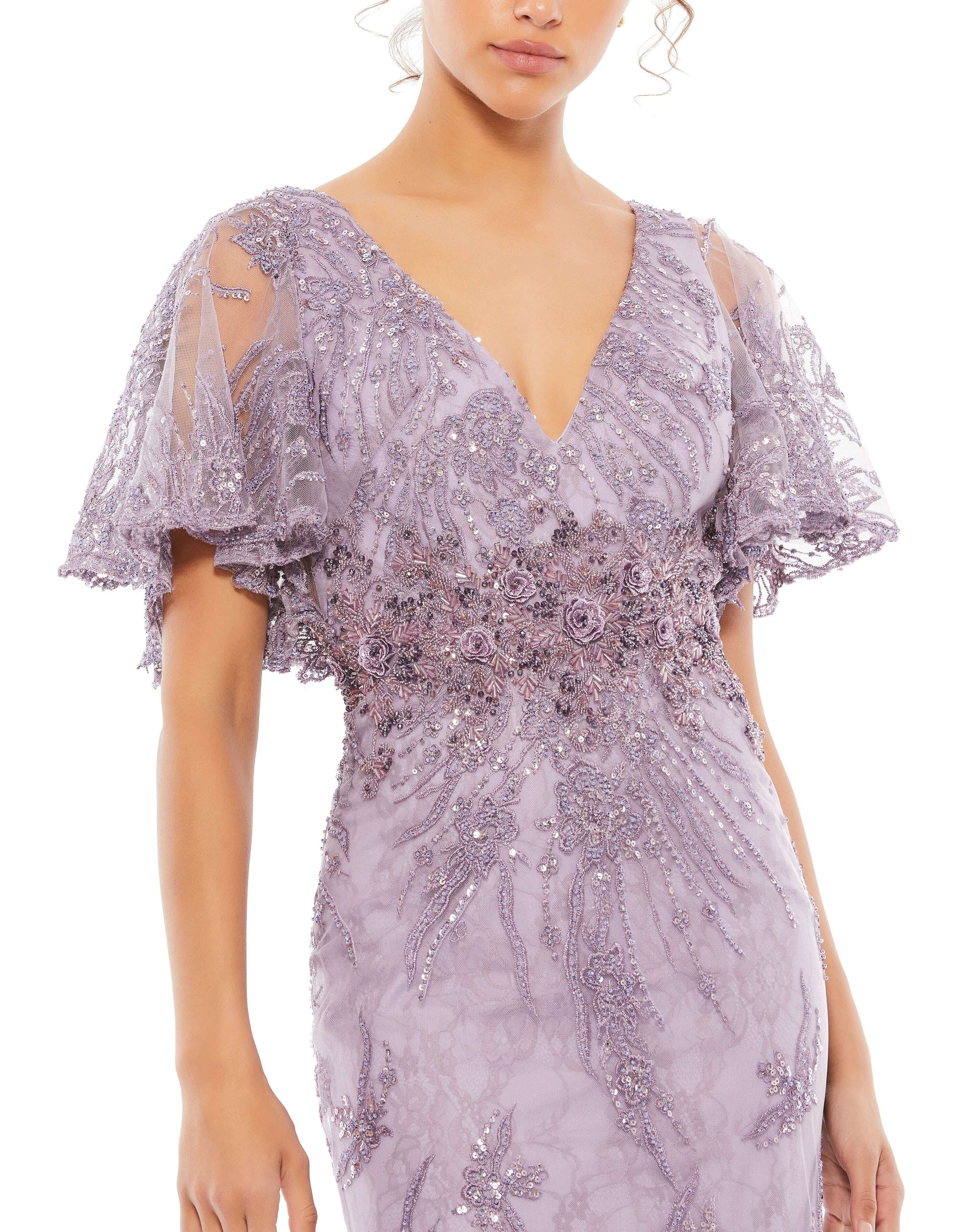 Mac Duggal Style#67493, Vintage Lilac Evening Gown, beaded,Floor Length,Sheath,Short Sleeve,V-Neck, $1100.00