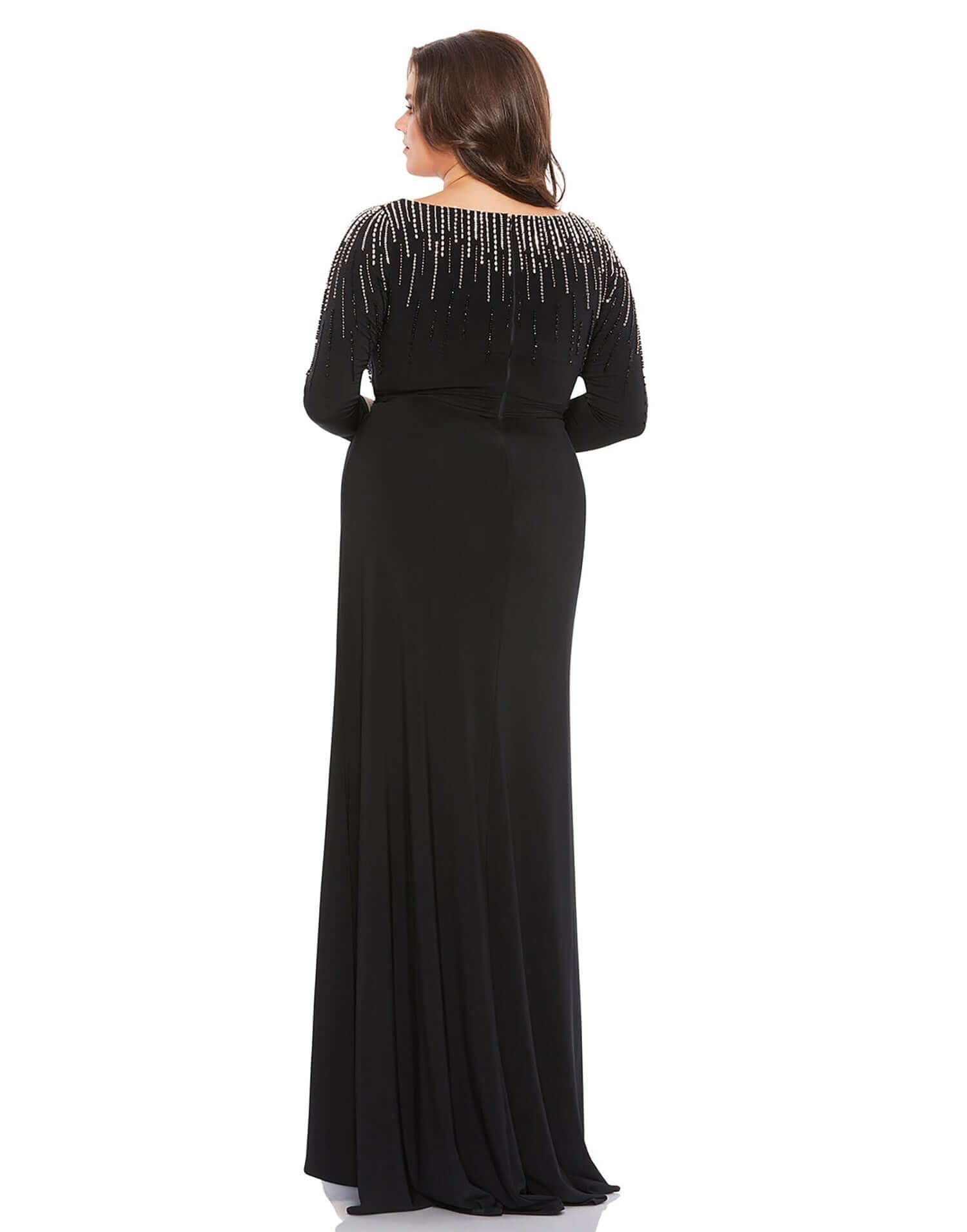 Mac Duggal Style#67739, Crystal Encrusted Jersey Gown, beaded,Curvy Girl,Floor Length,long sleeve,Sheath,Slit,V-Neck, $695.00