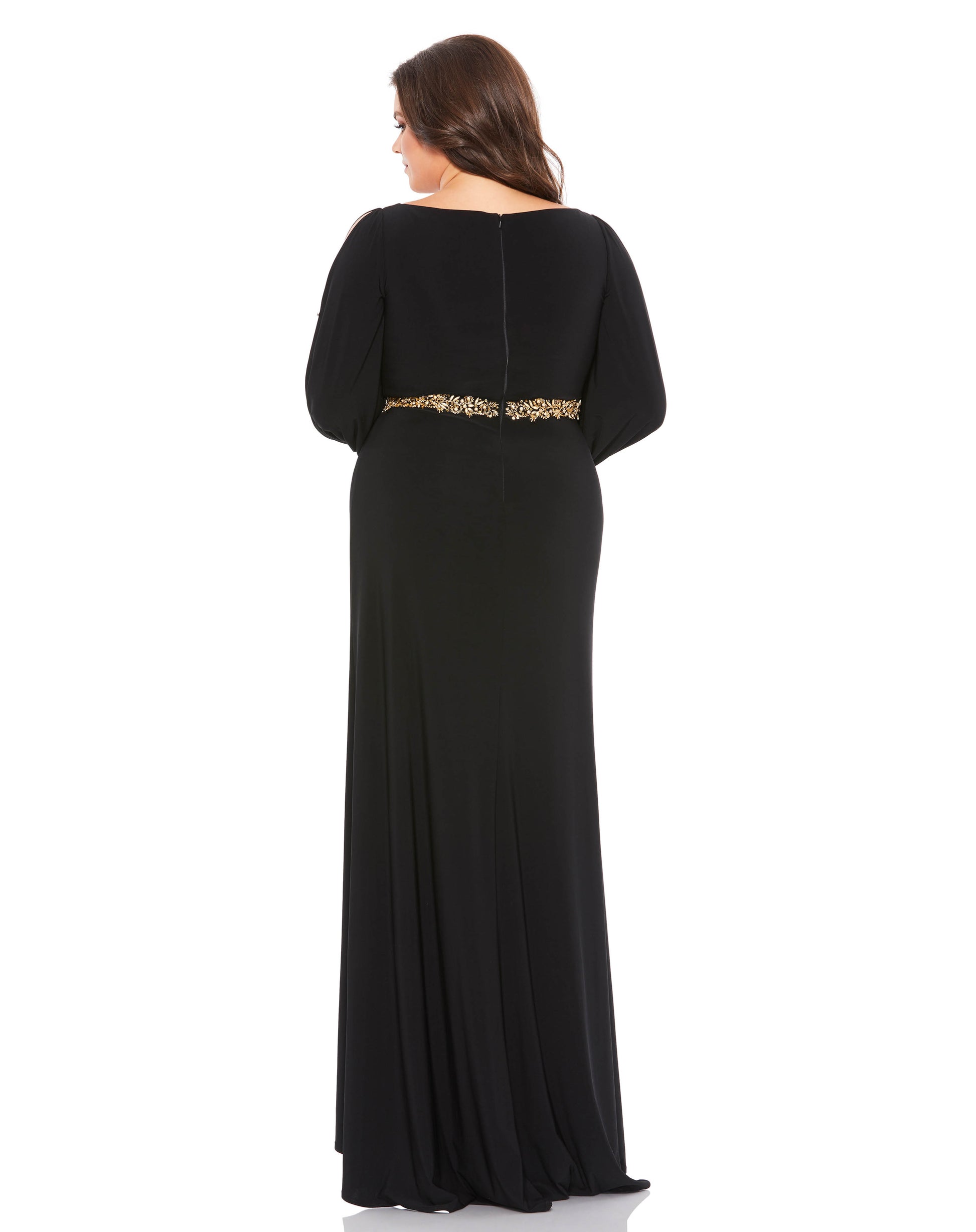 Elegant floor-length gown with a faux-wrap v-neckline, gathered waist, long split sleeves, and a thigh-high slit. A hand-embellished belt defines the natural waist. Mac Duggal 100% Polyester Back Zipper Long Sleeves V-Neck Full Length Style #67747