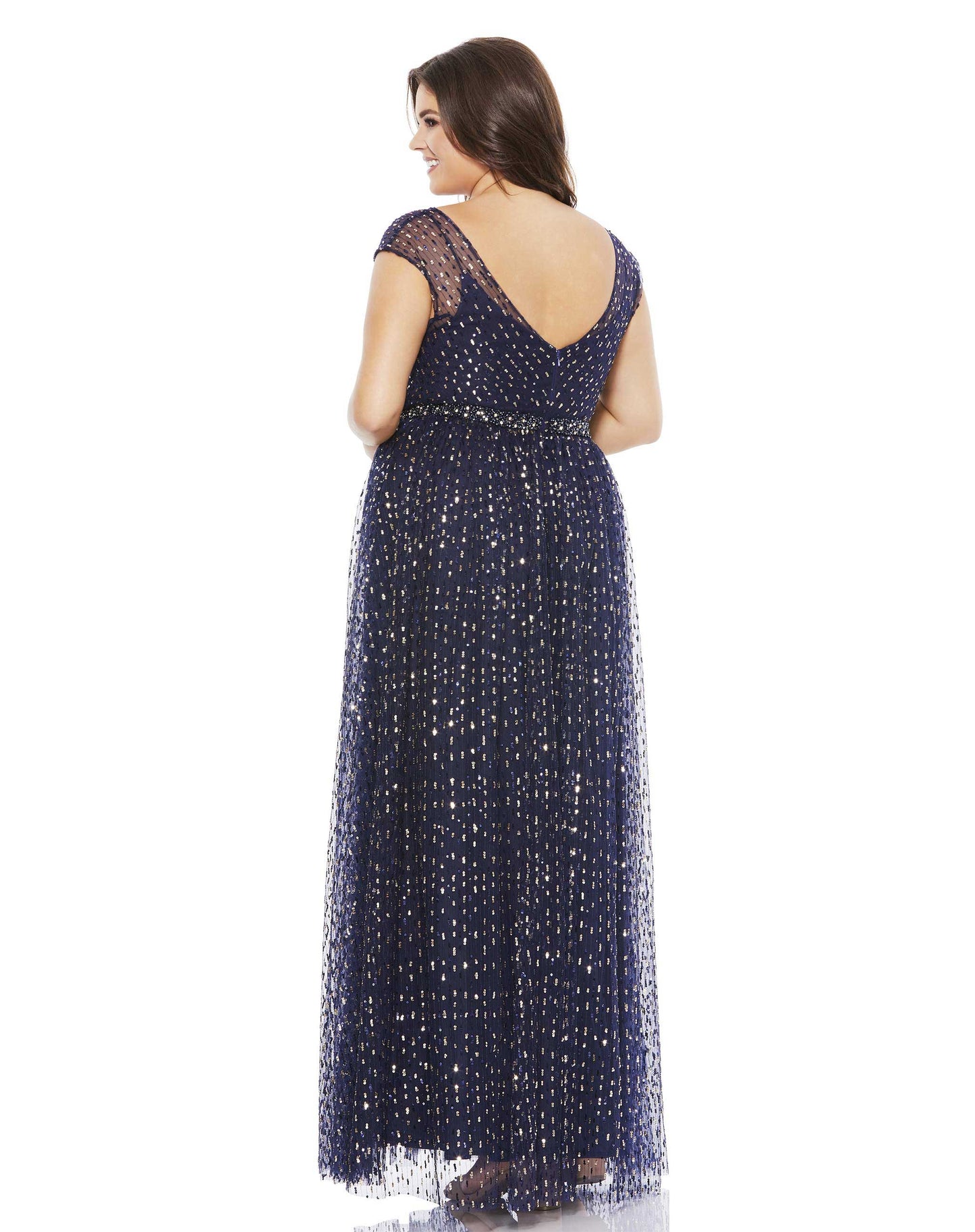 Midnight Cap Sleeve Embellished Gown