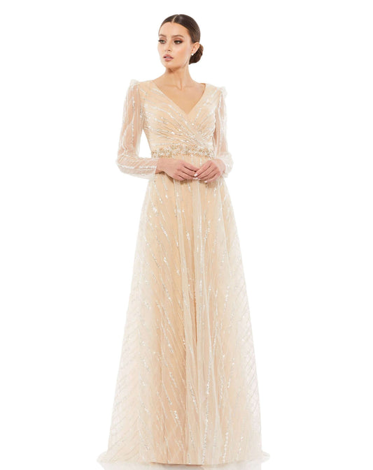 Mac Duggal Style#67859, Long Sleeve Gown With Silver Sequin, A line,beaded,Floor Length,Lace,long sleeve,SALE,Sequin,V-Neck, $750.00