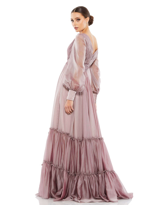 Mac Duggal Style#67864, Faux wrap Long Sleeve Tiered Gown, A line,Floor Length,long sleeve,Open Back,V-Neck, $850.00