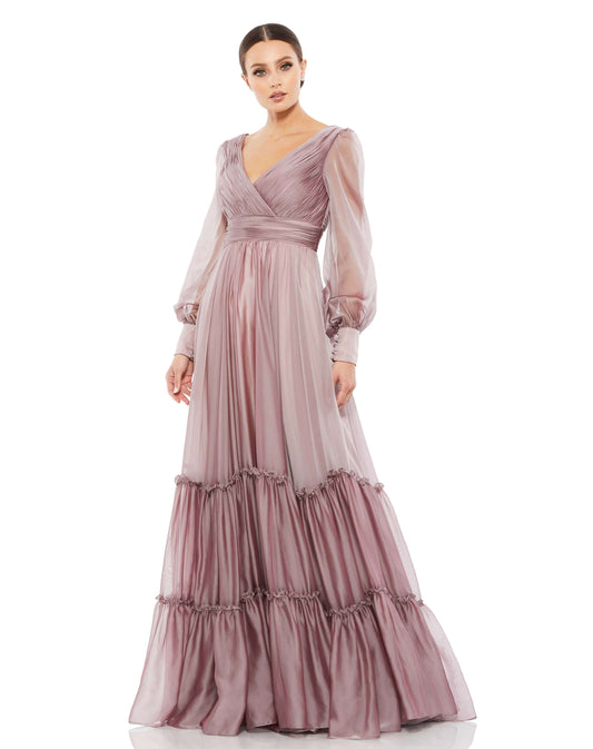 Mac Duggal Style#67864, Faux wrap Long Sleeve Tiered Gown, A line,Floor Length,long sleeve,Open Back,V-Neck, $850.00