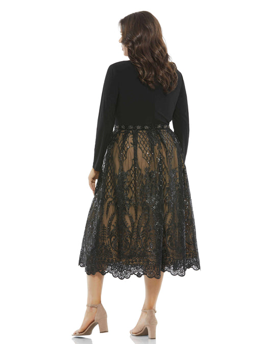 Mac Duggal Style#67905, Long Sleeve Mixed Media Embellished Dress, A line,Curvy Girl,Lace,long sleeve,Midi, $730.00