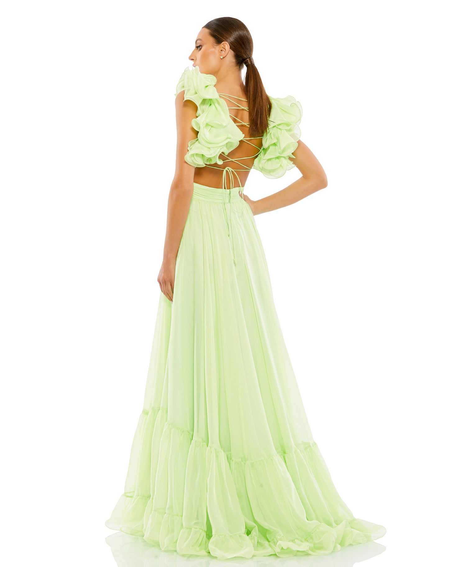 Ruffle Shoulder Lace Up Gown