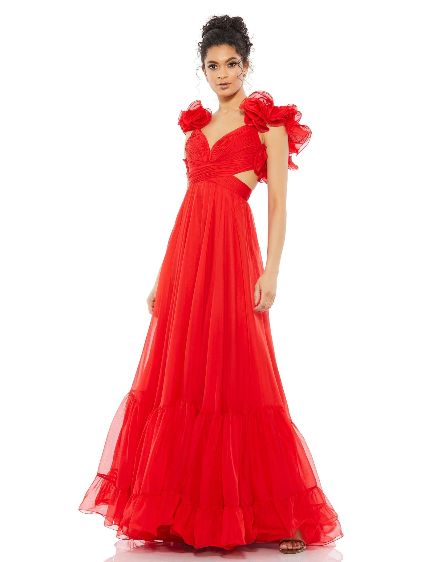 Mac Duggal Style#67911, Ruffle Shoulder Lace Up Gown, A line,Floor Length,Open Back,Ruffles,sleeveless,Strap Back, $850.00