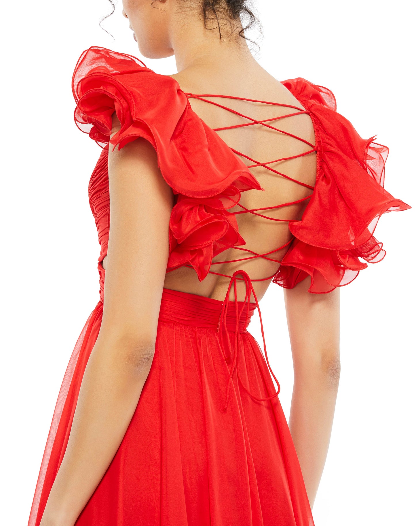 Ruffle Shoulder Lace Up Gown