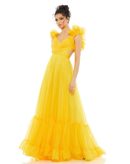 Mac Duggal Style#67911, Ruffle Shoulder Lace Up Gown, A line,Floor Length,Open Back,Ruffles,sleeveless,Strap Back, $850.00