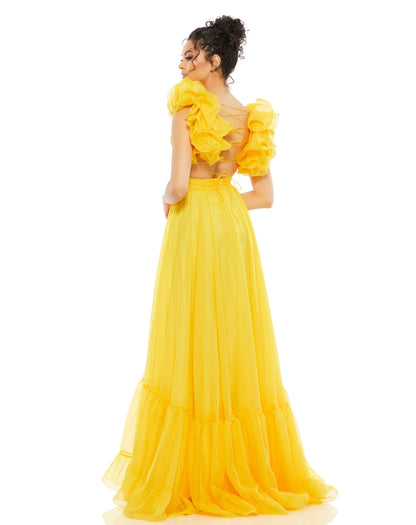 Mac Duggal Style#67911, Ruffle Shoulder Lace Up Gown, A line,Floor Length,Open Back,Ruffles,sleeveless,Strap Back, $850.00