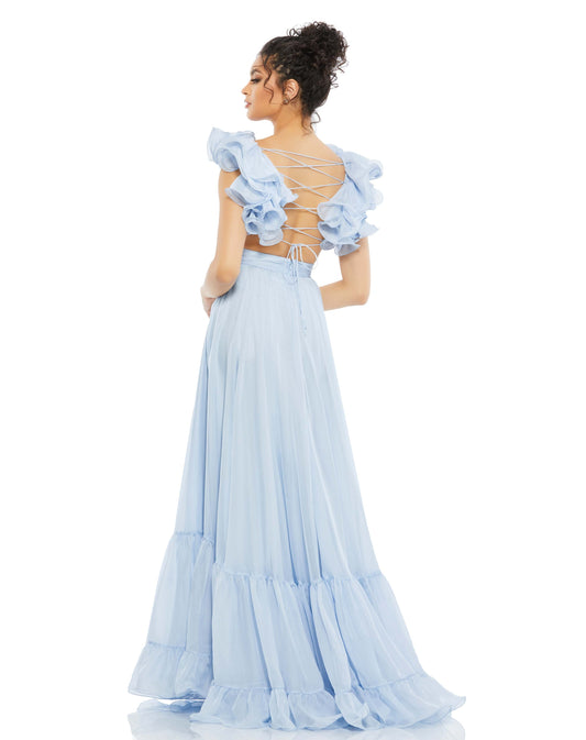 Mac Duggal Style#67911, Ruffle Shoulder Lace Up Gown, A line,Floor Length,Open Back,Ruffles,sleeveless,Strap Back, $850.00