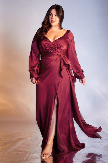 Smooth satin ensures the fluid drape of this elegant dress. The bodice features a wrap effect fashioned with pleats that cinch and sculpt your frame before falling to a romantic cascading drape and pooling floor-length hem. A front split is revealed flash