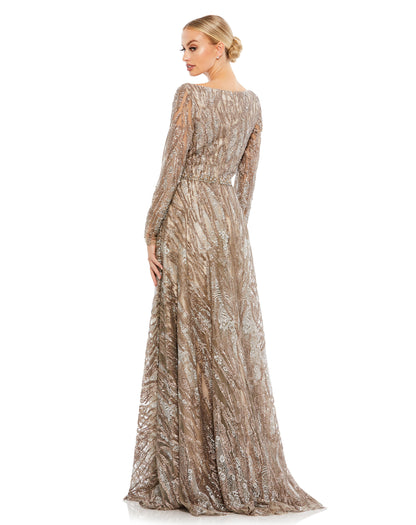 Fully embellished long-sleeved sequin a-line gown, accented with hidden lace and a beaded belt. Mac Duggal Fully Lined Back Zipper 100% Polyester Long Sleeve Maxi & Floor Length High Neck Style # 79261