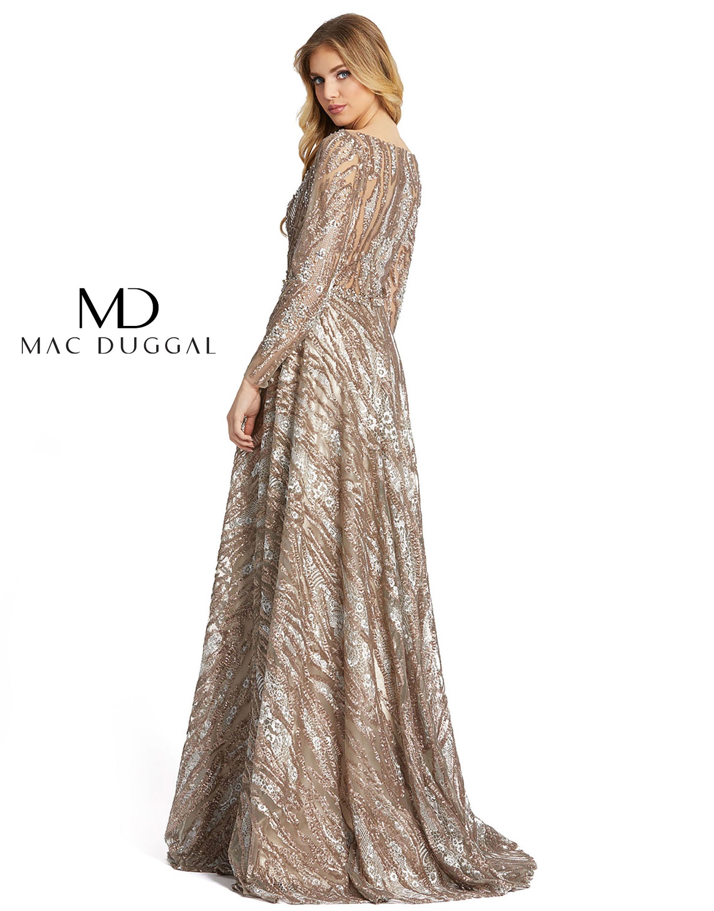 Fully embellished long-sleeved sequin a-line gown, accented with hidden lace and a beaded belt. Mac Duggal Fully Lined Back Zipper 100% Polyester Long Sleeve Maxi & Floor Length High Neck Style # 79261