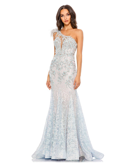 Mac Duggal Style#79264, Embroidered Applique Feathered One Shoulder Gown, beaded,Fit and Flare,Floor Length,Lace,One Shoulder,Open Back,Sequin, $1295.00