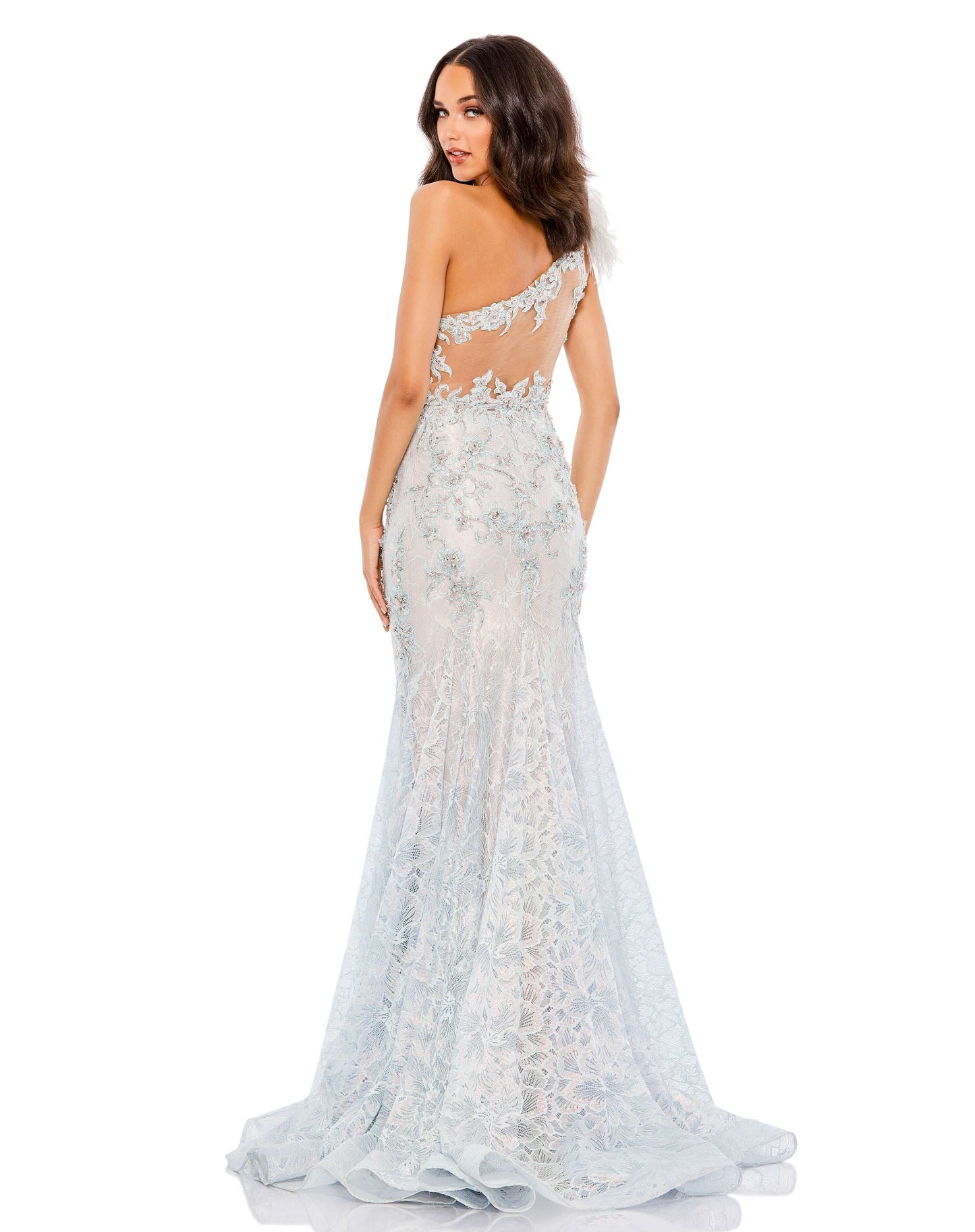 Mac Duggal Style#79264, Embroidered Applique Feathered One Shoulder Gown, beaded,Fit and Flare,Floor Length,Lace,One Shoulder,Open Back,Sequin, $1295.00