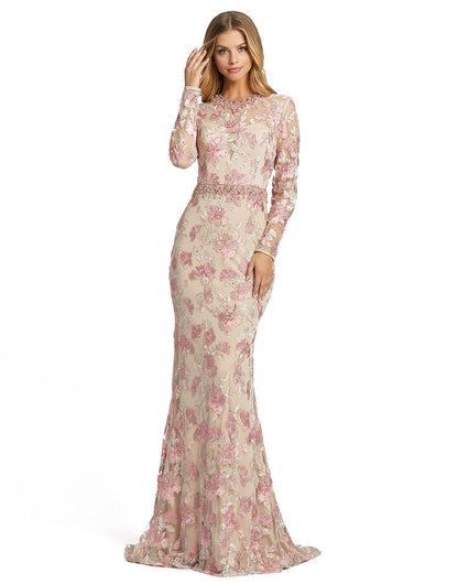 Floral applique trumpet gown with gorgeous waist and neck beading Mac Duggal Fully Lined Back Zipper 100% Polyester Long Sleeve Full Length High Neck Style #79281