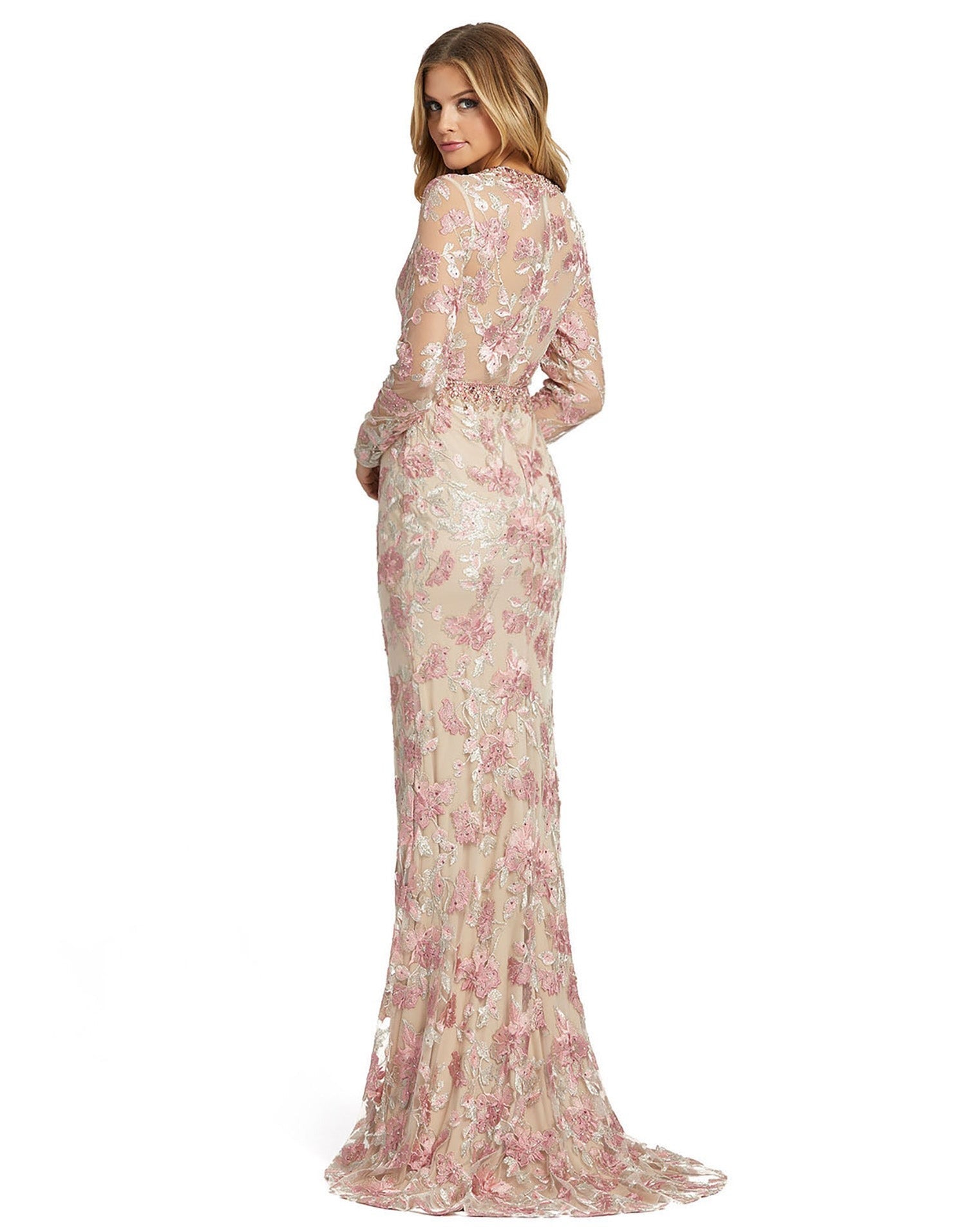 Floral applique trumpet gown with gorgeous waist and neck beading Mac Duggal Fully Lined Back Zipper 100% Polyester Long Sleeve Full Length High Neck Style #79281