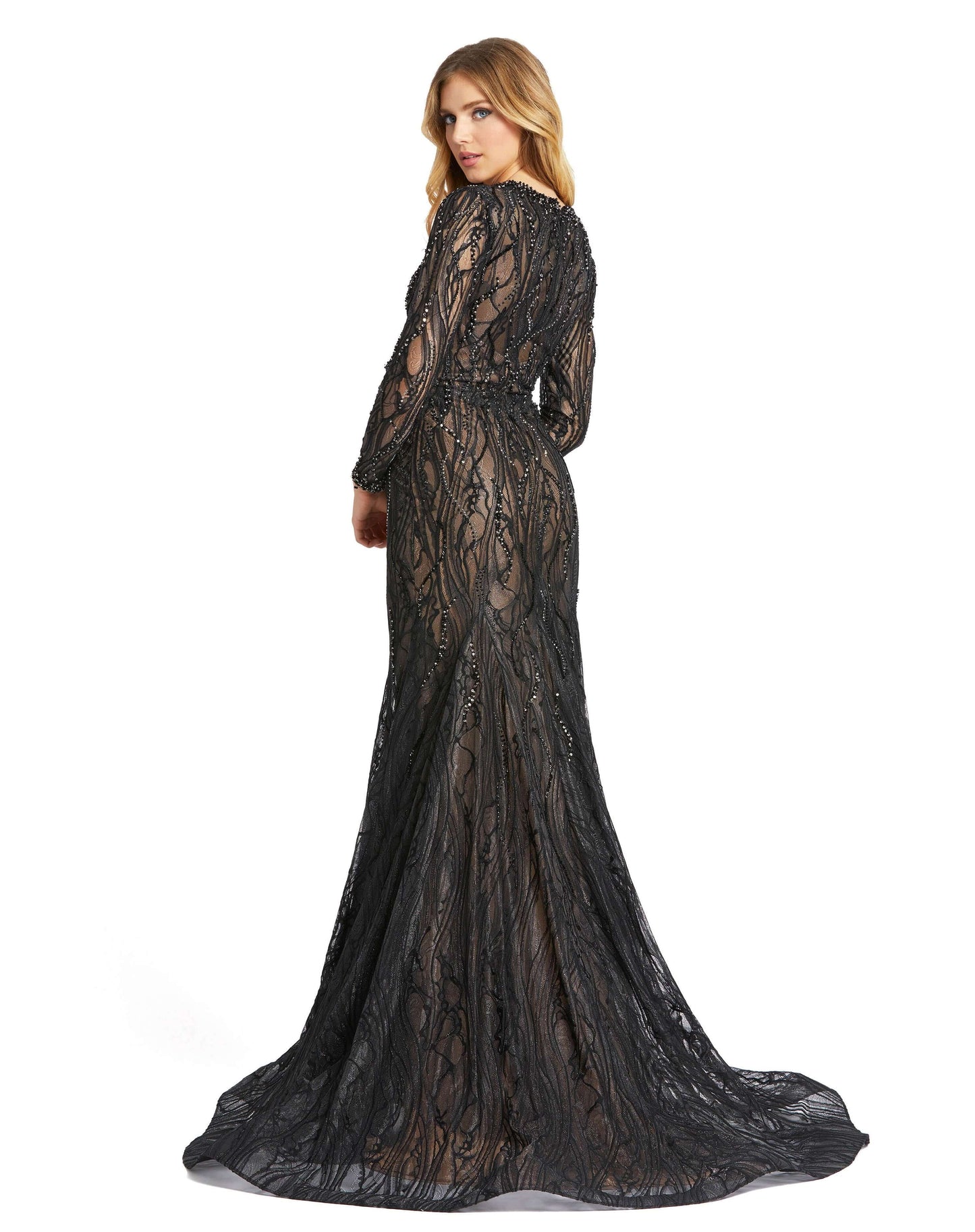 Mac Duggal Style#79291, Beaded Illusion Long Sleeve Plunge Neck Gown, beaded,Floor Length,Lace,long sleeve,Mermaid,V-Neck, $995.00