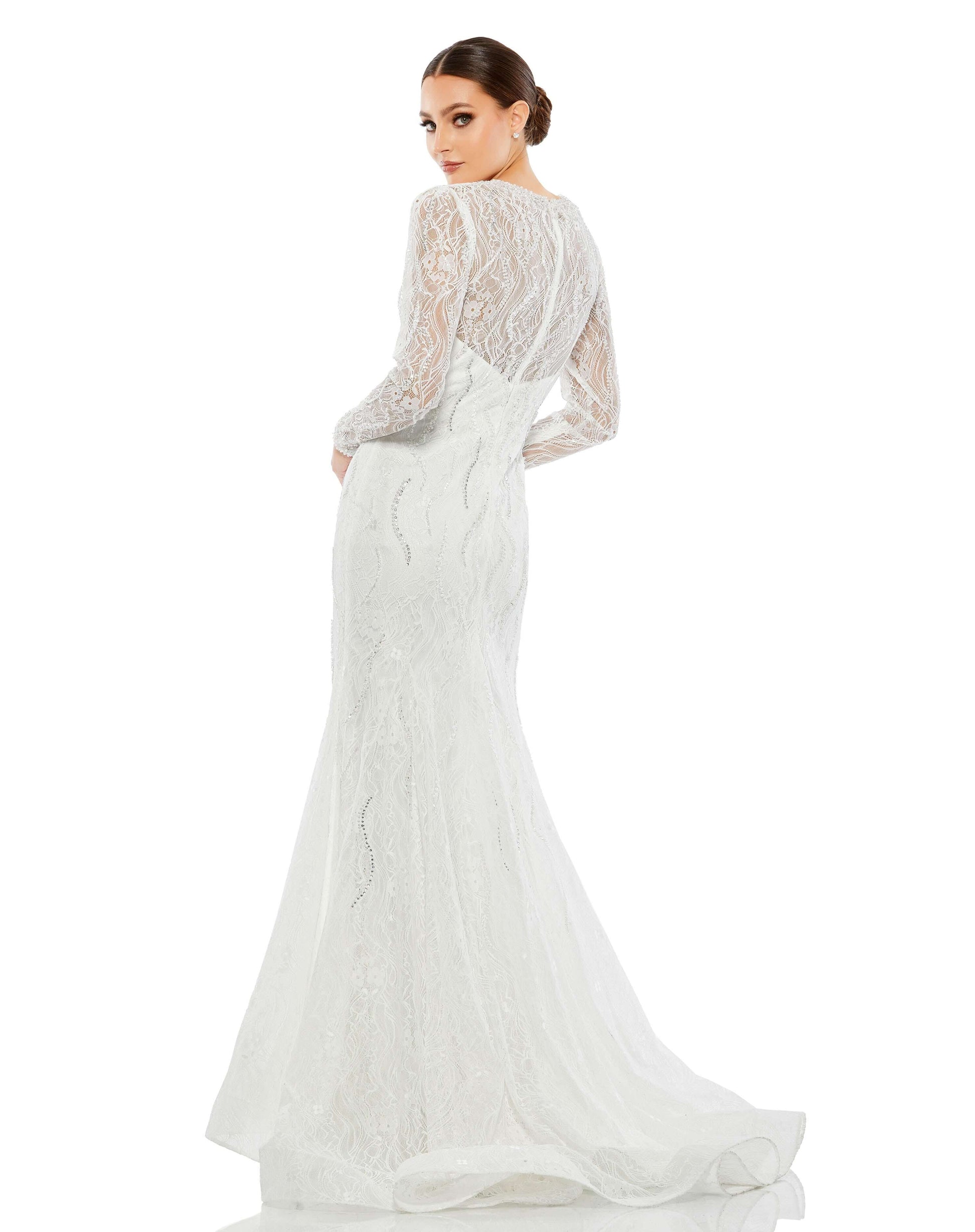 Mac Duggal Style#79291, Beaded Illusion Long Sleeve Plunge Neck Gown, beaded,Floor Length,Lace,long sleeve,Mermaid,V-Neck, $995.00