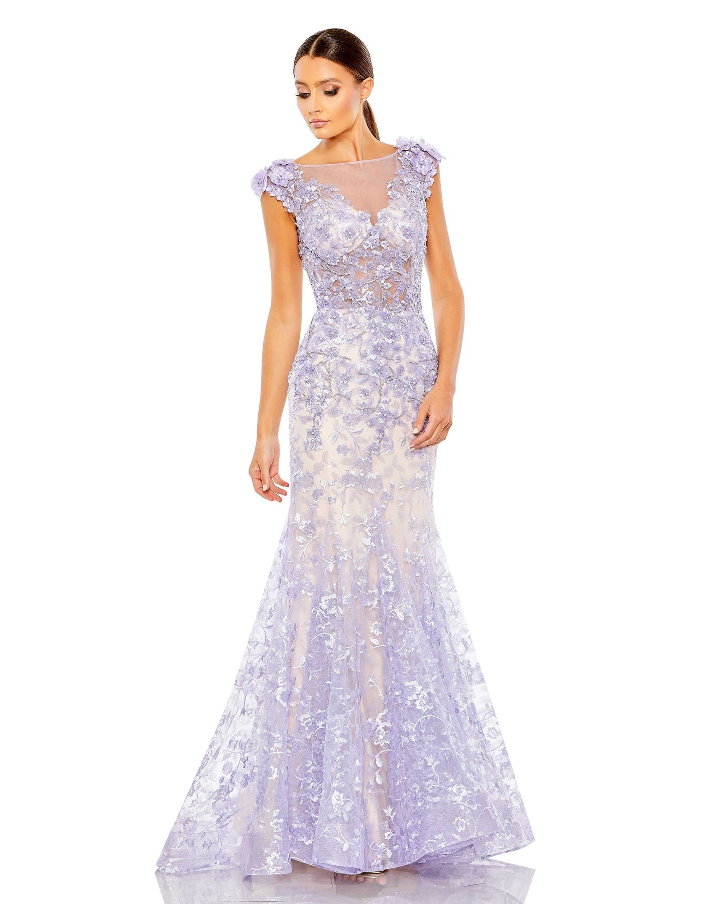 Embellished Cap Sleeve Cowl Neck Trumpet Gown