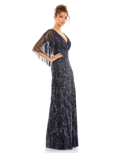 Elegant v-neck surplice evening gown adorned with sequin-and-bead floral accents throughout the mesh overlay. The sheer flutter sleeves and cape-style back feature rows of sequined embellishment. Mac Duggal 100% Polyester Fully Lined (with exception of sl