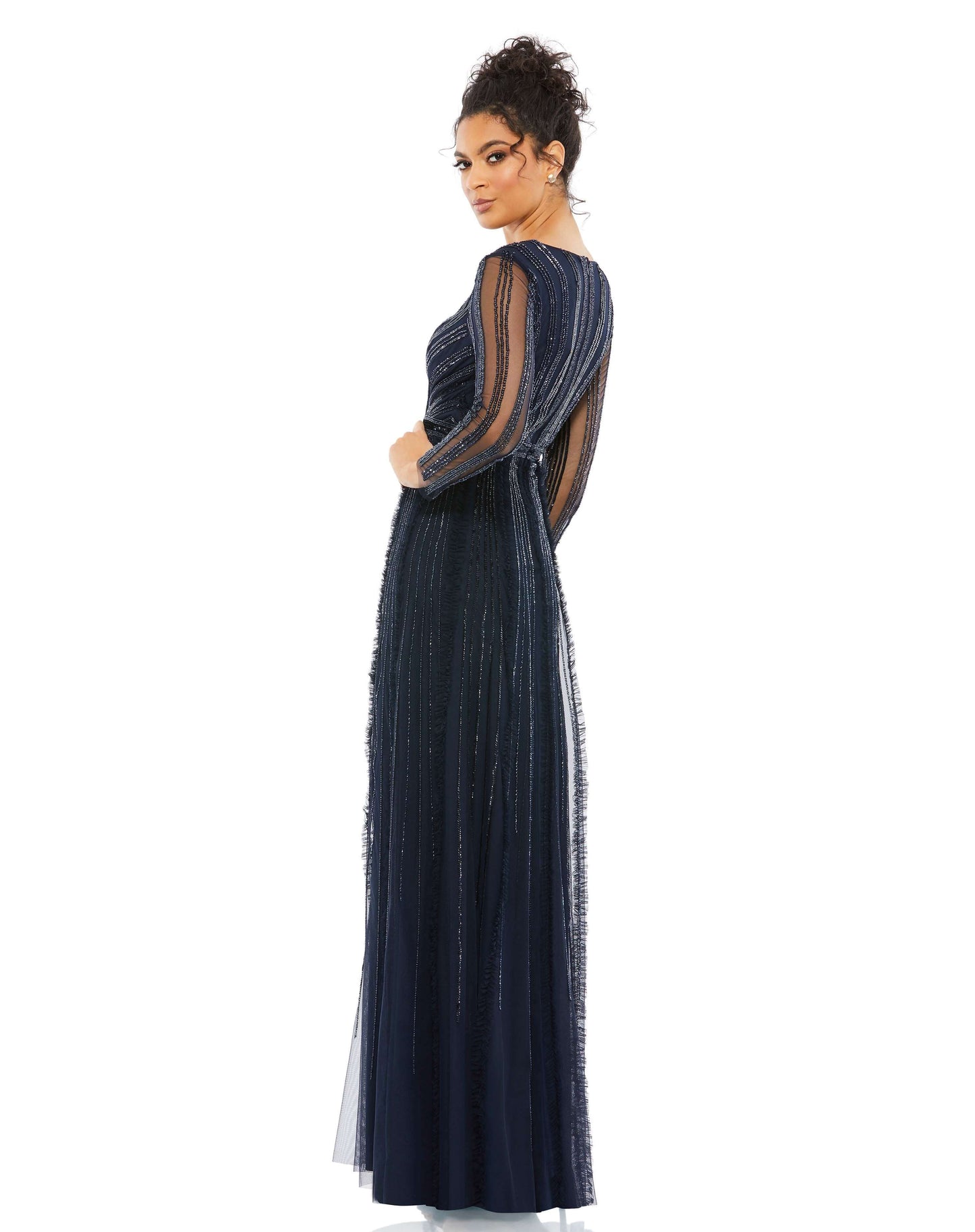 Mac Duggal Style#9145, Elegant Embellished Surplice Evening Gown, A line,beaded,Floor Length,long sleeve,SALE,Sequin,V-Neck, $750.00