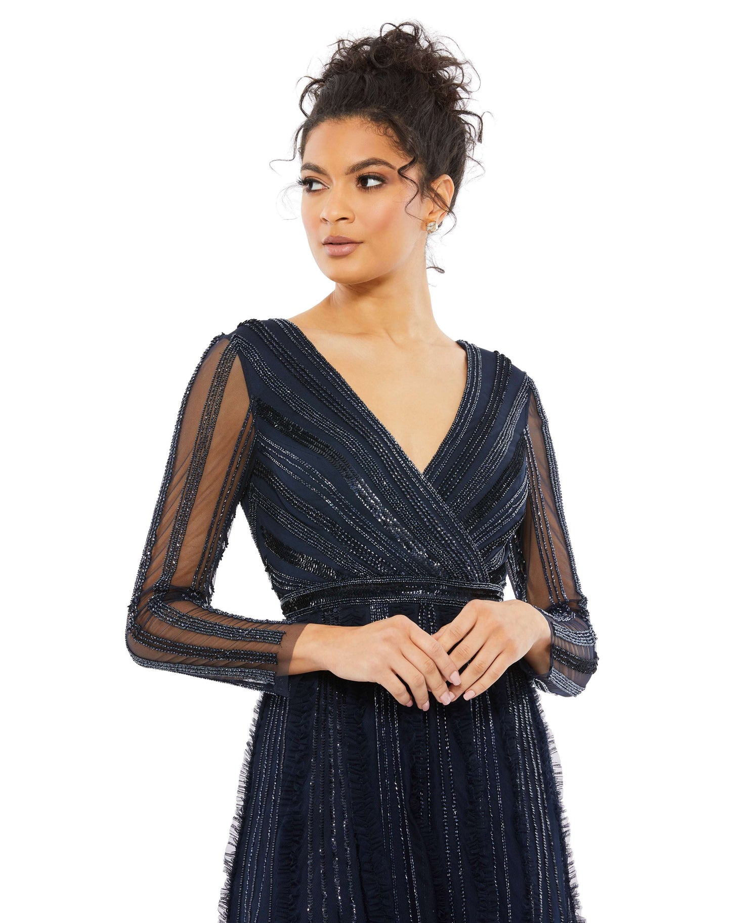 Mac Duggal Style#9145, Elegant Embellished Surplice Evening Gown, A line,beaded,Floor Length,long sleeve,SALE,Sequin,V-Neck, $750.00