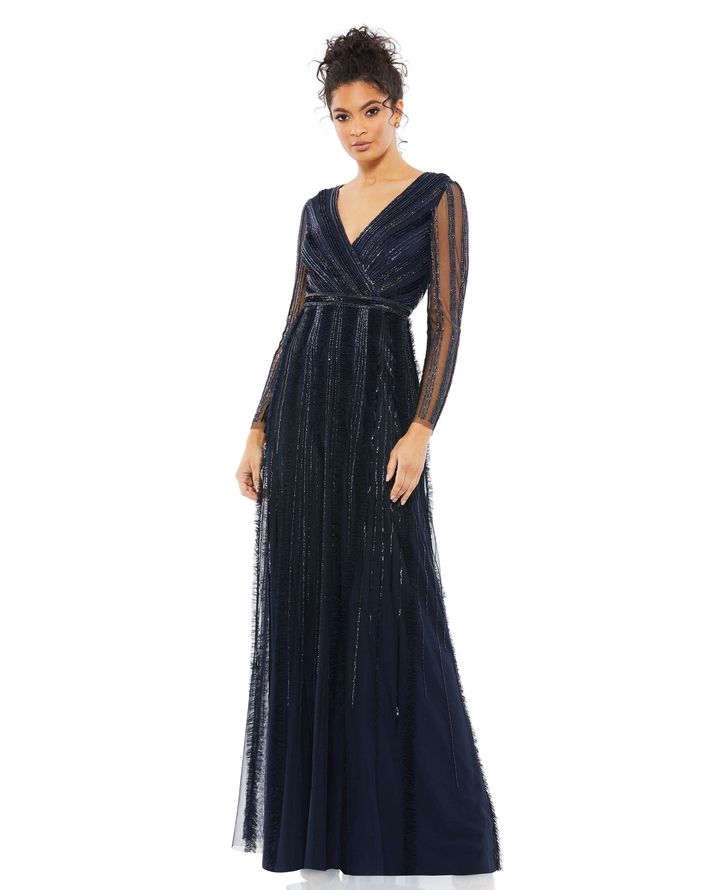 Mac Duggal Style#9145, Elegant Embellished Surplice Evening Gown, A line,beaded,Floor Length,long sleeve,SALE,Sequin,V-Neck, $750.00