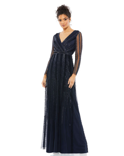 Mac Duggal Style#9145, Elegant Embellished Surplice Evening Gown, A line,beaded,Floor Length,long sleeve,SALE,Sequin,V-Neck, $750.00