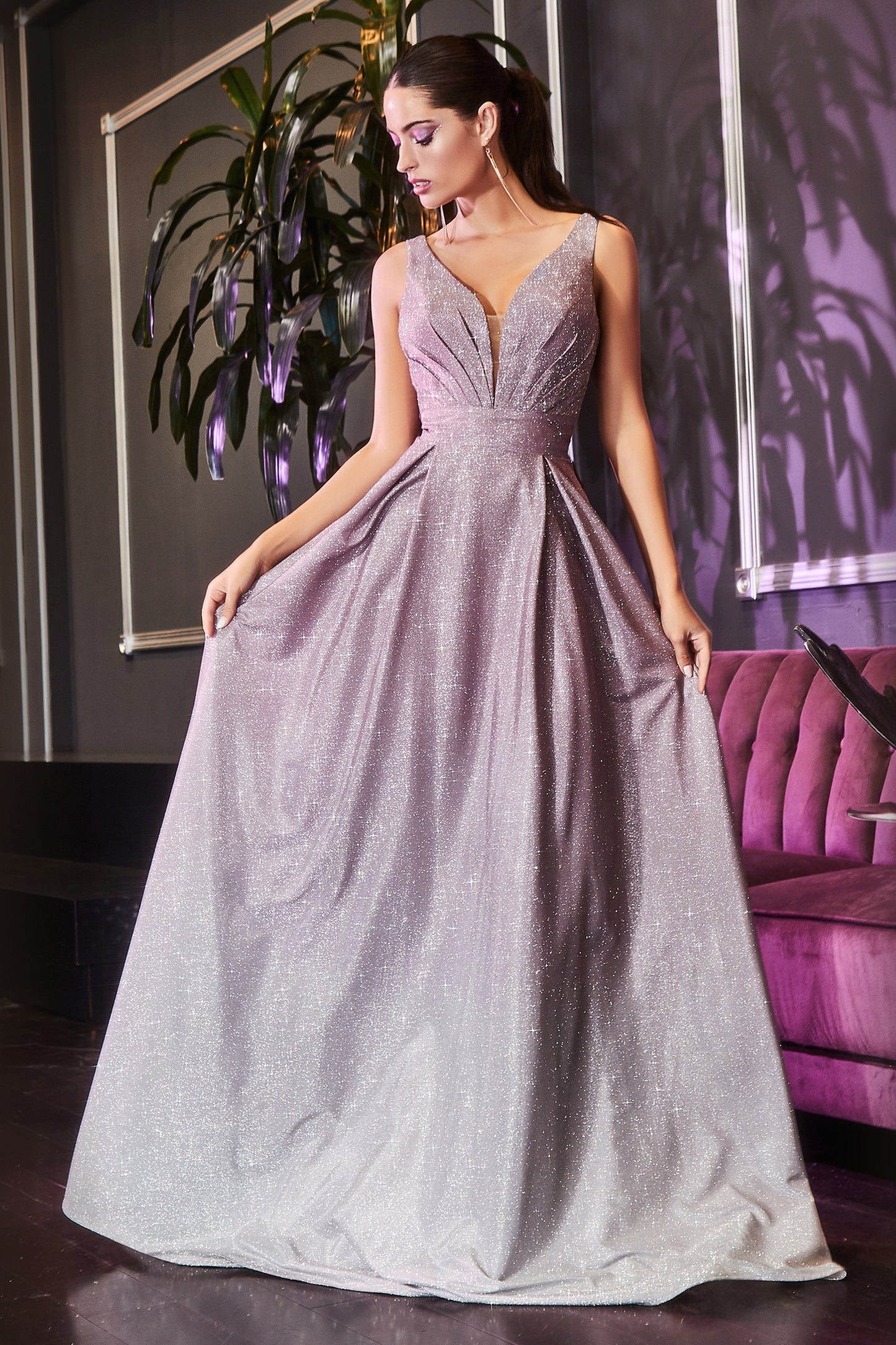 Ombre gown with pleated deep v-neckline