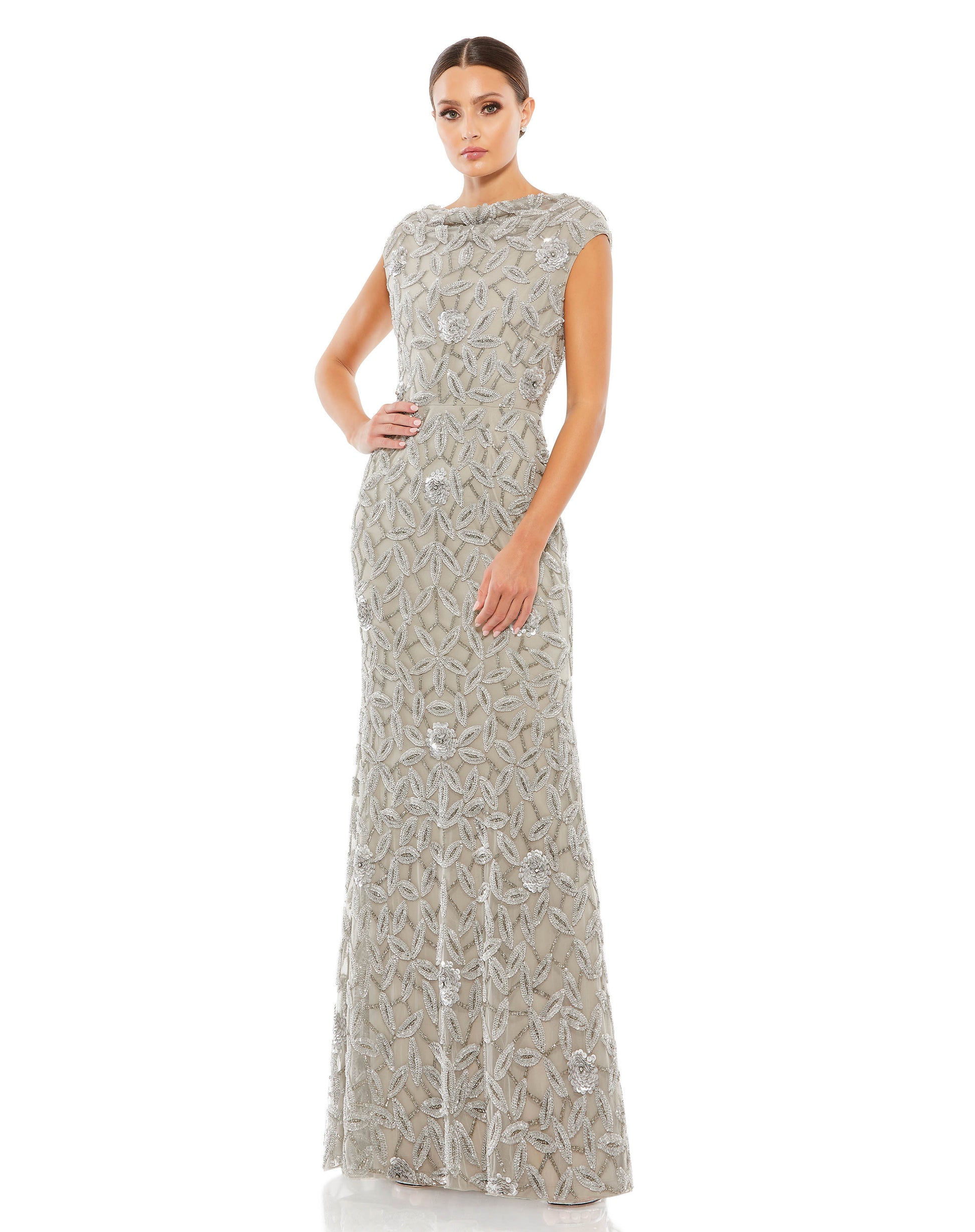 Mac Duggal Floral hand-embellished mesh overlay; 100% polyester lining Fully lined through body Cowl bateau neckline Scoop backline Cap sleeves Beaded throughout with hand-sequined 3D floral accents Concealed back zipper Approx. 62.5" from top of shoulder