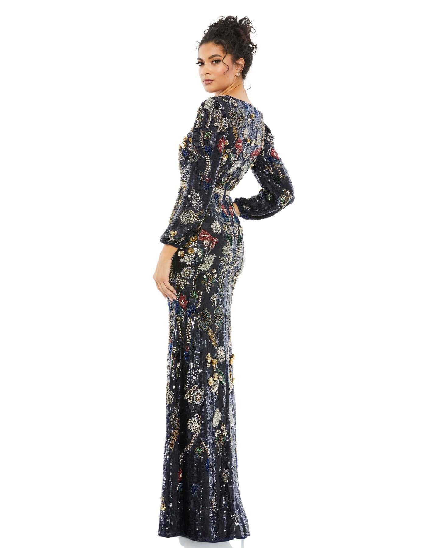 Mac Duggal Style#93546, Embellished Floral Crystal Evening Gown, Floor Length,Long Sleeve,Newest Arrivals, $2395.00