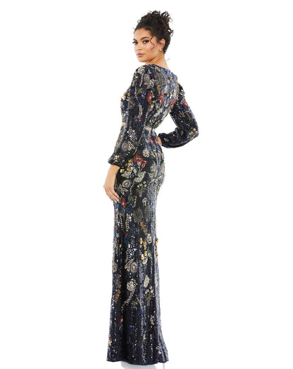 Striking fully embellished blouson sleeve evening gown, adorned with sequins, rhinestones, and crystal beading. Mac Duggal Fully Lined Back Zipper 100% Polyester Long Sleeve Maxi & Floor Length V-Neck Style #93546