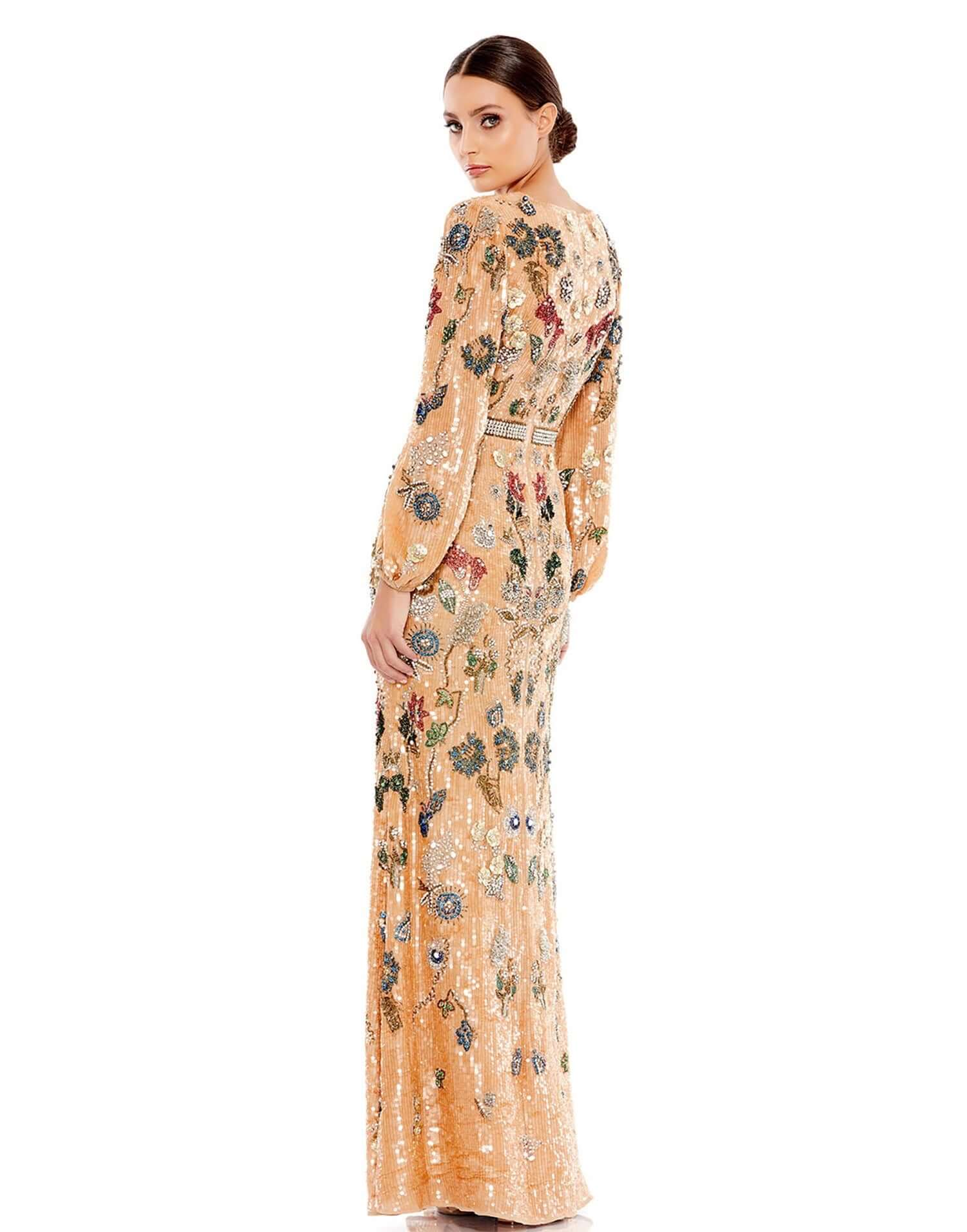 Mac Duggal Style#93546, Embellished Floral Crystal Evening Gown, Floor Length,Long Sleeve,Newest Arrivals, $2395.00