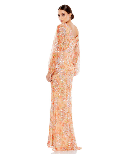 Mac Duggal Style#93547, Apricot Sequined Floral Print Gown, Floor Length,long sleeve,Sequin,Sheath,Slit, $850.00