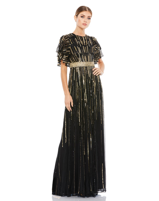 Stunning full-length gown with allover sequin and beaded stripe embellishment. Gown features a round neckline, layered short sleeves, and a dramatic bejeweled belt at the waist. Mac Duggal Fully Lined 100% Polyester High Neck Short Sleeve Maxi & Floor Len