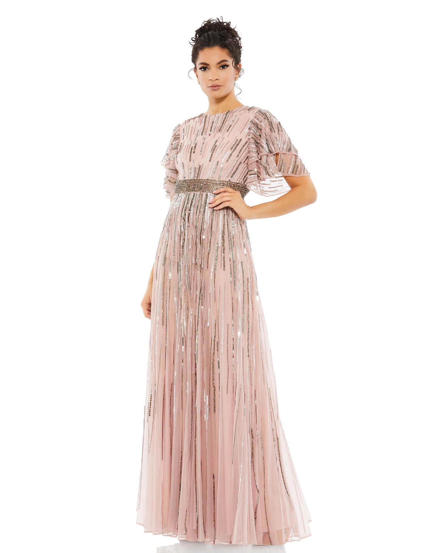 Stunning full-length gown with allover sequin and beaded stripe embellishment. Gown features a round neckline, layered short sleeves, and a dramatic bejeweled belt at the waist. Mac Duggal Fully Lined 100% Polyester High Neck Short Sleeve Maxi & Floor Len