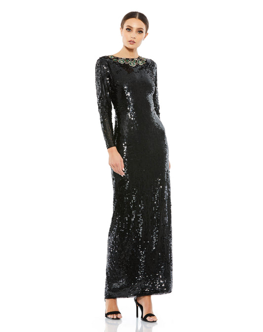 This full-length sheath is equal parts sophistication, sexiness, and playfulness designed in luminous sequins. The body-conscious fit flaunts your figure with styling that still leaves plenty to the imagination. A collar detailed in radiant rhinestones an