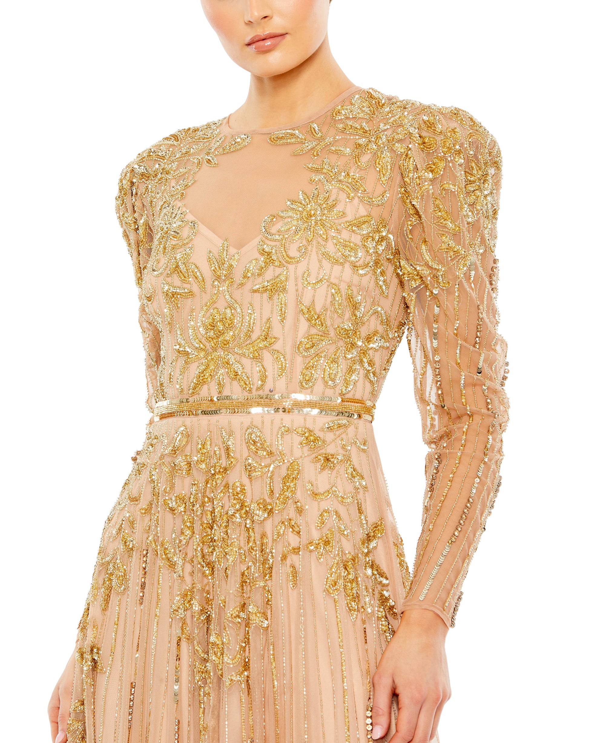 Mac Duggal Embellished mesh overlay; 100% polyester Partially lined through bodice; fully lined through skirt; sheer unlined sleeves High neckline Long puff sleeves Beaded waist detail Intricate floral detailing composed of hand-stitched sequins and beadi