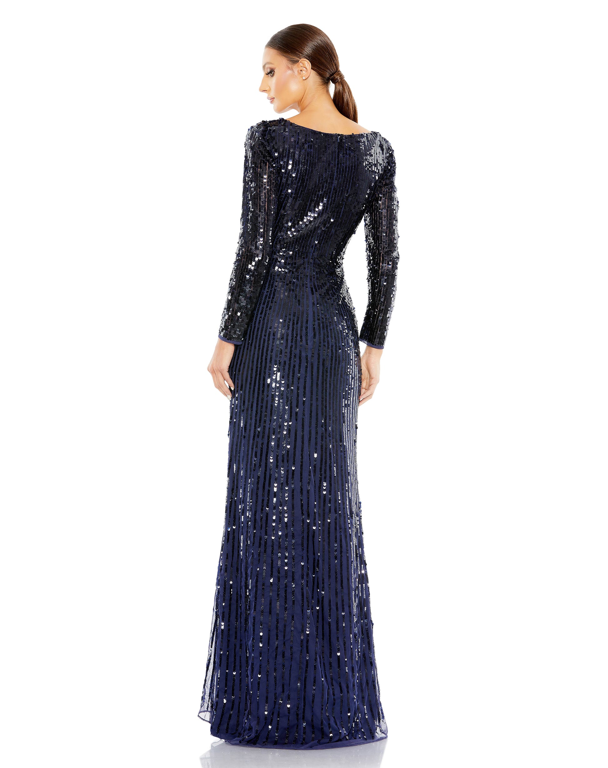 Mac Duggal Sequined mesh overlay; 100% polyester lining Fully lined through bodice and skirt; semi-sheer unlined sleeves V-neckline Long sleeves Faux wrap bodice Draped floor-length skirt Thigh-high front slit Concealed back zipper Approx. 62.5" from top