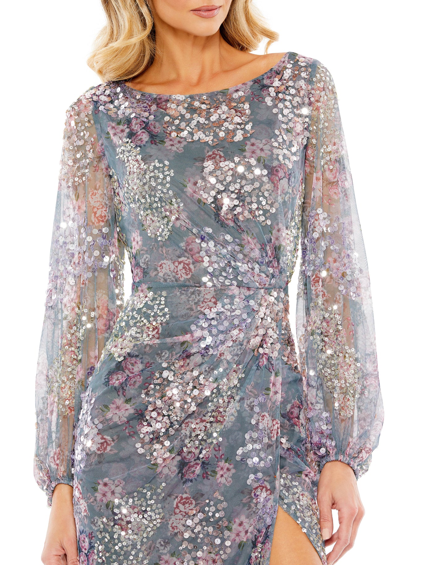 Mac Duggal Floral embellished mesh fabric (100% polyester) Fully lined through body; sheer unlined sleeves Boat neckline Long blouson sleeves Thigh-high front slit Concealed back zipper Approx. 62.5" from top of shoulder to bottom hem Available in Grey Mu