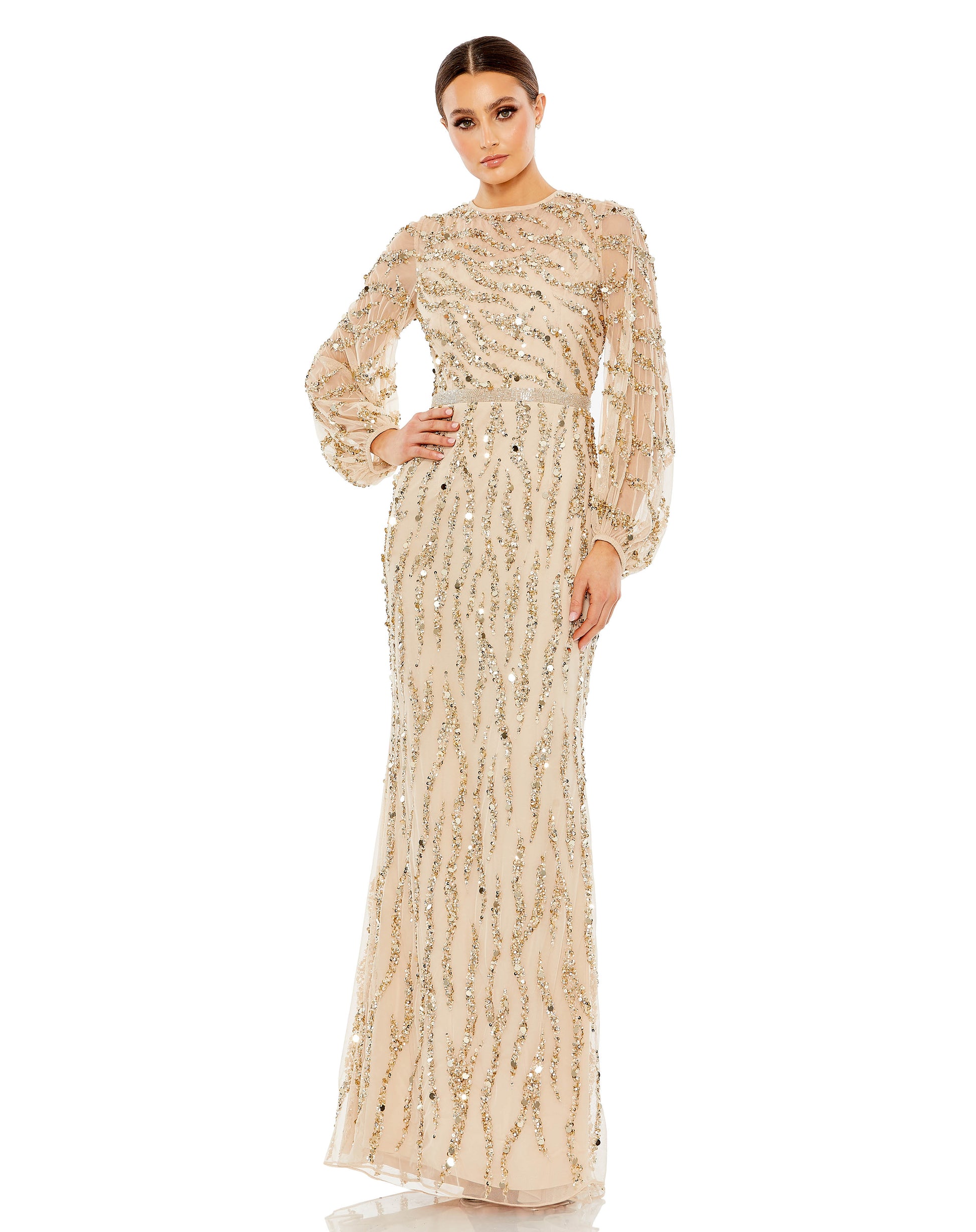 Mac Duggal Hand embellished mesh overlay; 100% polyester lining Partially lined bodice; fully lined skirt; sheer unlined sleeves Illusion high neckline Long puff sleeves Allover delicate sequined pattern Hand beaded waist detail Concealed back zipper Appr