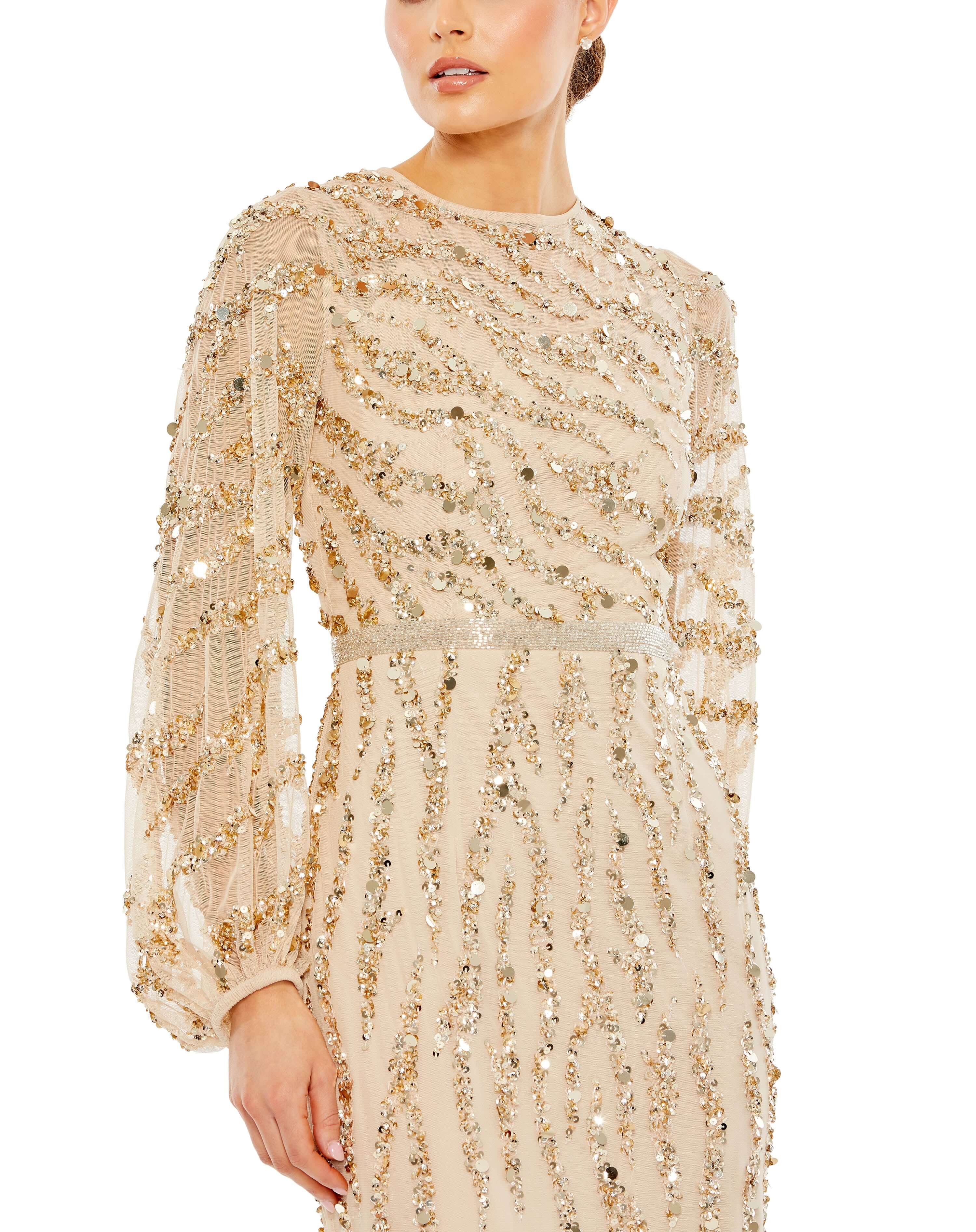 Embellished High Neck Puff Sleeve Trumpet Gown Nude Gold 4