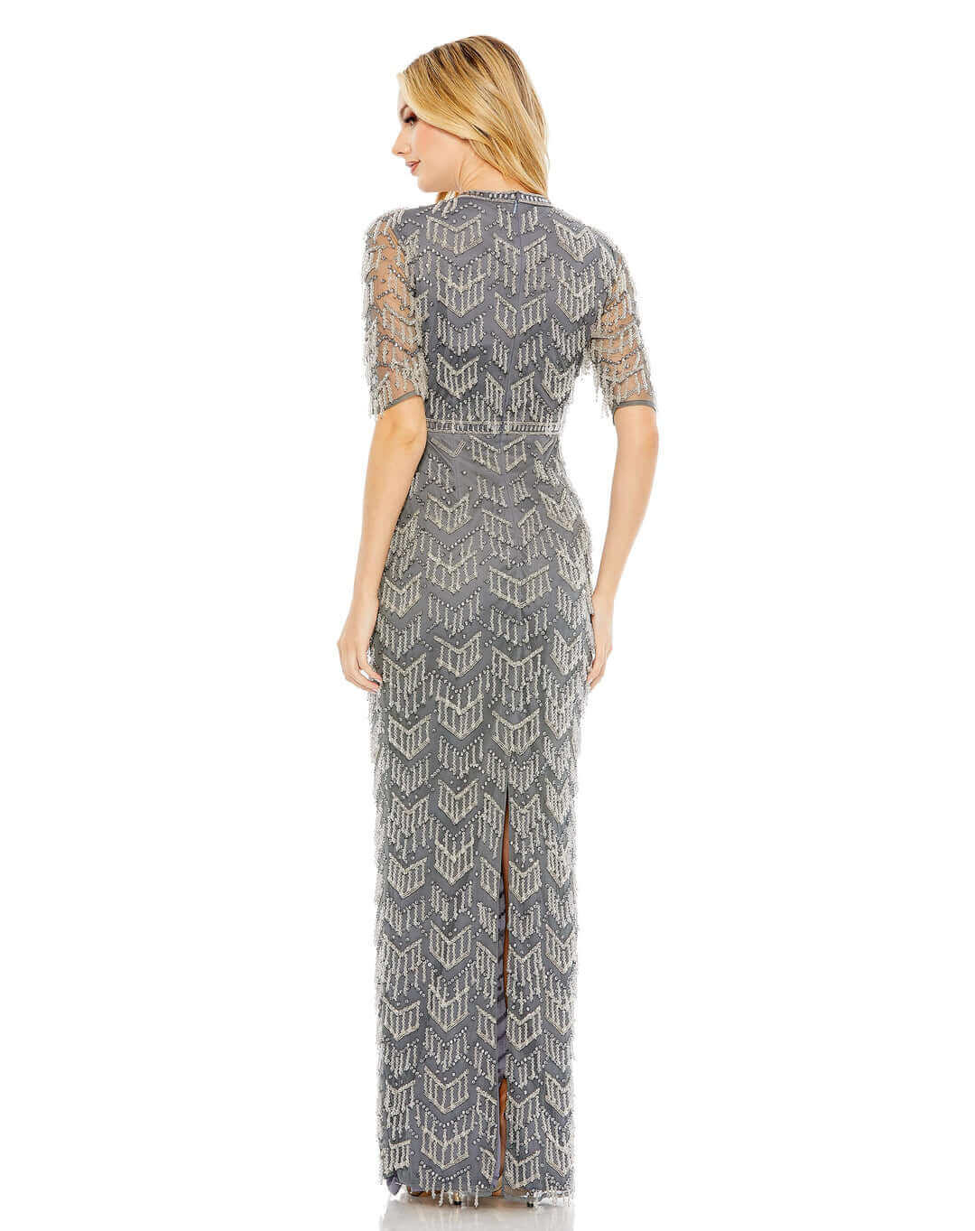 Mac Duggal Style#93804, Beaded Fringe Quarter Sleeve Column Gown, Floor Length,fring,Newest Arrivals,Three Quarter Sleeve, $1650.00