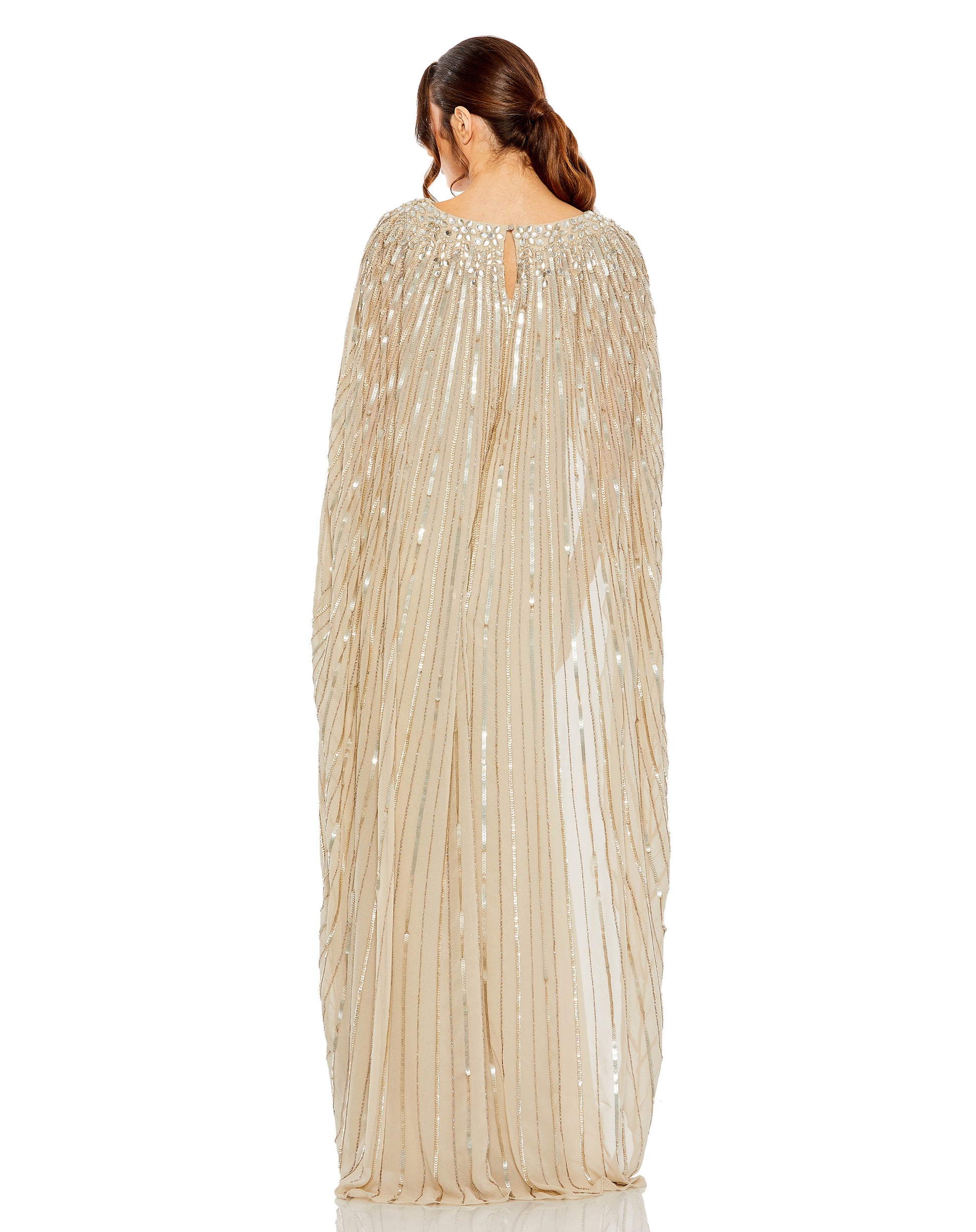Mac Duggal Embellished mesh overlay fabric; 100% polyester lining Fully lined through bodice and skirt; sheer unlined cape overlay Boat neckline Cape sleeves Asymmetrical cape overlay Sweeping train Concealed back zipper Approx. 62.5" from top of shoulder