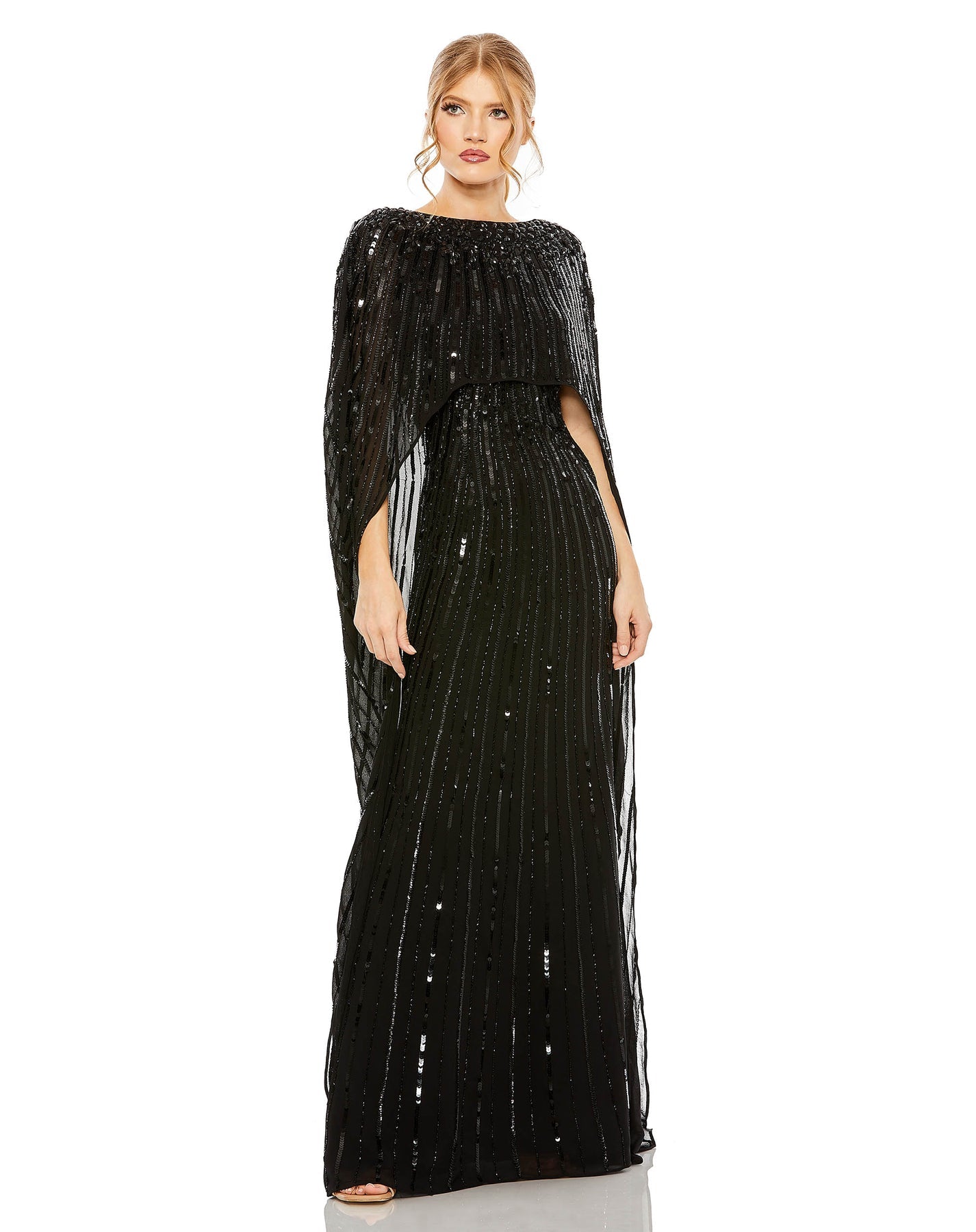 Mac Duggal Embellished mesh overlay fabric; 100% polyester lining Fully lined through bodice and skirt; sheer unlined cape overlay Boat neckline Cape sleeves Asymmetrical cape overlay Sweeping train Concealed back zipper Approx. 62.5" from top of shoulder